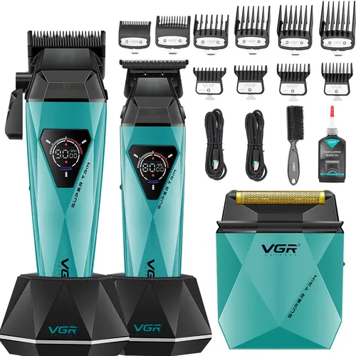 VGR 877S3 Professional Barber Clippers and Trimmer Set Cordless Hair Clippers for Men with Foil Shaver Mens Hair Cutting Kit with LED Display Charging Base Barber Kit for Men Grooming tiktokshopbacktoschool,back to school,back to school haul
