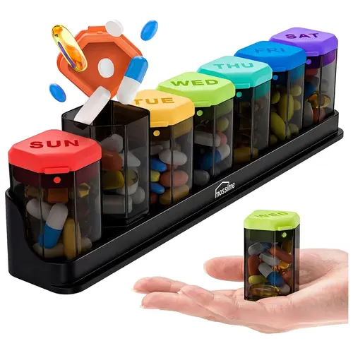 Extra Large Weekly Pill Organizer 1 Time a Day, BPA-Free Pill Dispenser, 7 Day Pill Box with Silicone Lids & Coded Compartments, Spill Proof Travel Case for Vitamins, Seniors & Daily Medication