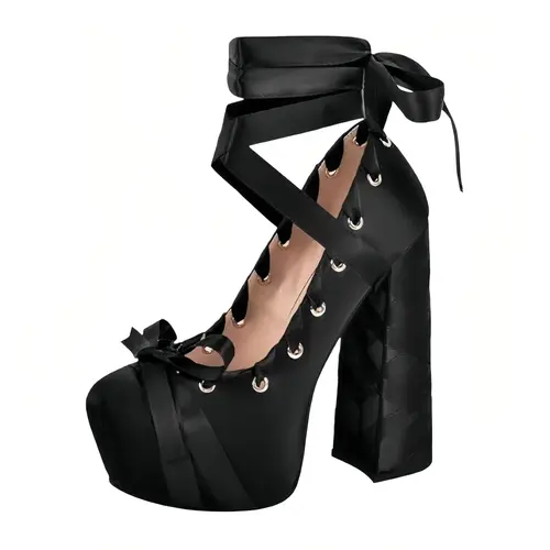 Women's Classy Satin Cross-Wrap Platform High Heels - Comfortable Thick Block Heeled Footwear with Lace-Up Ankle Strap for Cosplay Parties