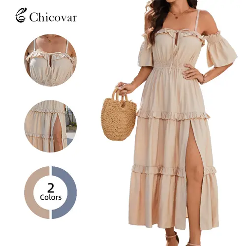 Chicovar Women's Off Shoulder Ruffle Maxi Dress with Side Slit, Removable Adjustable Straps, Tiered Flowy Summer Beach Dress, Summervibes