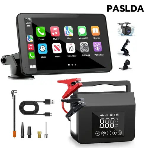 2026 7" Wireless CarPlay + 3-in-1 Jump Starter Air Pump Bundle  Must-Have Car Kit! Car Tv Car Player