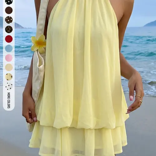 Women's Summer Elegant Chic Versatile Slim-Fitting High Waist Halter Neck Sleeveless Backless Short Mini Party Dress Wedding Guest Wear for Home Office Outdoor Wear