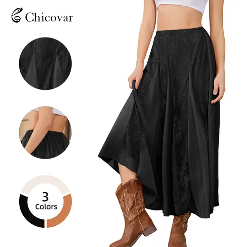 Chicovar Women's Boho High Waist Maxi Skirt with Side Slit, Lace Panel Flowing Long Skirt for Vacation, Festival & Casual Wear, Summervibes