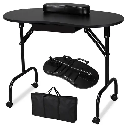 Costoffs Portable Foldable Nail Tech Table - Rolling Nail Cart with Foldable Legs, Plastic Drawers, Removable Wrist Cushion, Waterproof Bag, Lock-Roll Mobility, Storage, Fold Flat in Secs, 17.5"×37" Worktop (28" H), DEHP-Free for Salon, Home Use