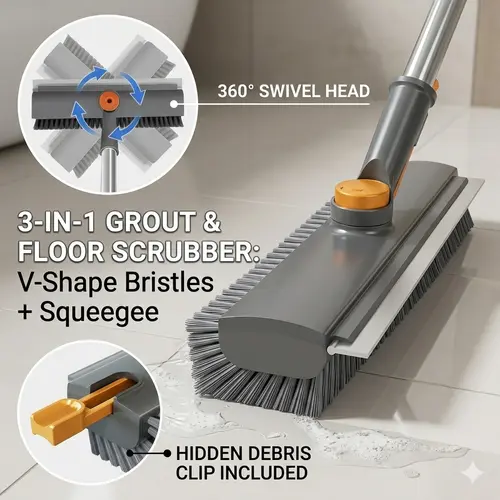 3-in-1 Floor Scrub Brush with Long Handle, Heavy Duty Stiff Bristle Scrubber with Squeegee, Multipurpose Cleaning Brush for Bathroom, Shower, Patio, Garage, Deck and Tile Grout