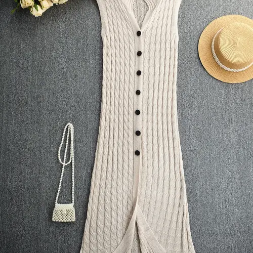 Elegant Casual Cable Knit Textured Breathable Fitted Long Vest for Women, Soft Knit Fashion Vest Tops Sleeveless Stand Collar Single Button Design for Spring Summer Fall, Elegant Layering Top Sleeveless Clothing