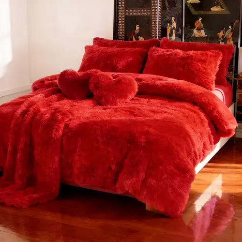 Super Soft Faux Fur Duvet Cover Set 4 Piece（600 GSM）, Winter Plush Fluffy Comforter Cover with 2 Pillow Shams & Heart Pillow, Warm Cozy Bedding Set for Bedroom,back to school,back to school shopping,home decor