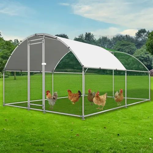 Large Metal Chicken Coop, Walk-in Chicken Run with Cover, Dome Roof Hen House Enclosure with Security Lock, Outdoor Duck Rabbit Cage Poultry Pen for Backyard, Farm, Large Chicken Coop