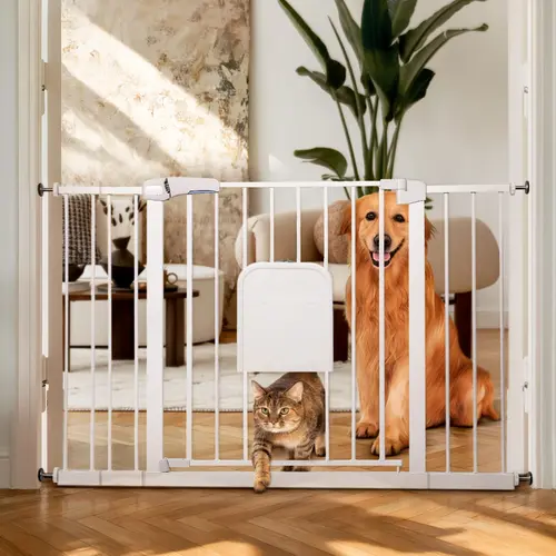 Adjustable Baby Safety Gate with Cat Door - Auto-Close Pressure-Mounted, Sturdy Steel Gate - 31-46“  Inches Fit, No Drilling/Damage to Walls, Separates Spaces, Stylish for Home, Hassle-Free Install (White/Black)