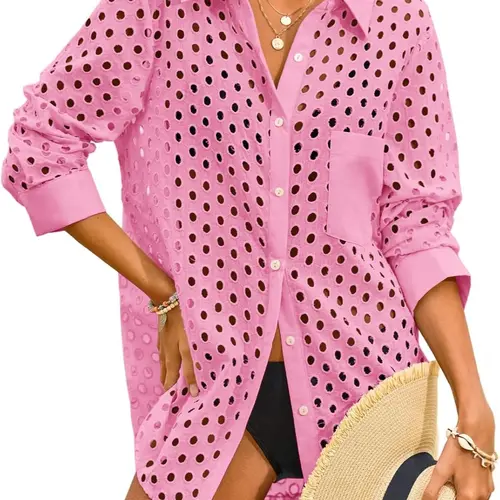 Fisoew Sports Women's Hollow-Out Button-Down Swimwear Coverups, 2026 Spring-Summer Beachwear Cover Ups Swimsuits (White, Green)