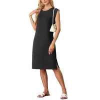 GRECERELLE Women Summer 2026 Round Neck Casual Loose Split Wrinkle-Free Beach Travel Vacation Midi Dress with Pockets