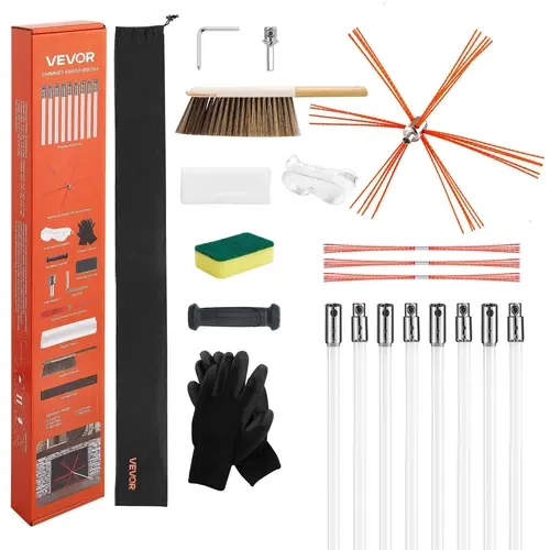 【toolupgrade】VEVOR Durable Aluminium Chimney Cleaning Kit, 26 ft (8m) Max Extendable Brush, Easy Assembly Tool with Plastic Bristle Replacements, Goggles Protect, 90° Bendable Head, Safe Swivel Link, Spring Lock Hold, Safe for Square-Rectangle Fireplaces