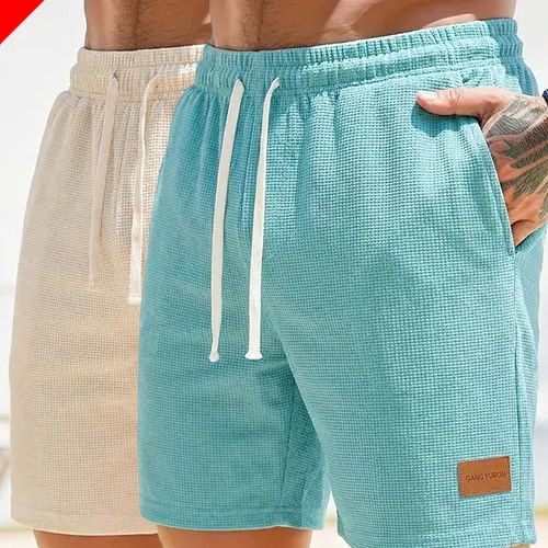 2-Pack Men’s summer loose straight-leg casual shorts with a drawstring waist, waffle fabric, breathable and comfortable, regular fit, suitable for everyday wear, beach outings, and vacations.