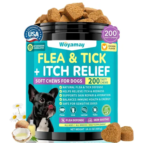 Woyamay Flea & Tick Chews for Dogs - 200 Count Chicken Flavor Wellness Formula with Coconut, Chamomile, Flaxseed, Vitamin B, Skin Support for All Breeds' Itch & Allergies, Fish Oil