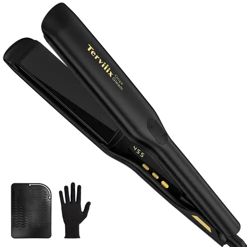Terviiix 1.75in Extra-Long Wide Plate Flat Iron for 4C & Thick Curly Hair, 4.7in Extended Ionic Ceramic Straightener, 11 Adjustable Temp (Max 455℉), Dual Voltage, Hair Straightening Brush Curlers & Straighteners for Silky Results