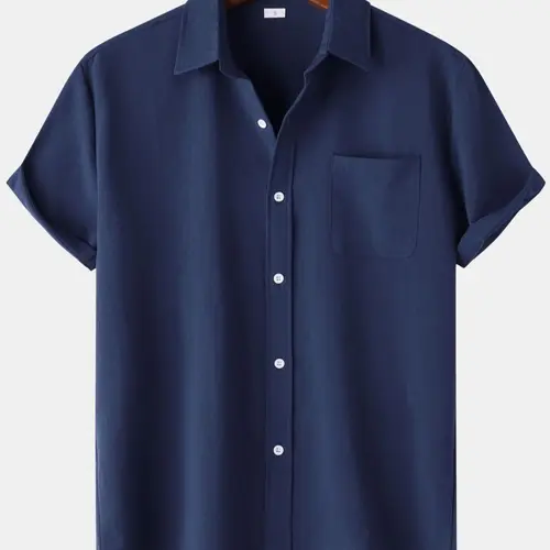Men's Solid Color Button-Front Collared Short-Sleeve Shirt, Summer Casual Comfortable Top, Loose-Fitting Style for Daily Wear, Casual Summer Clothing