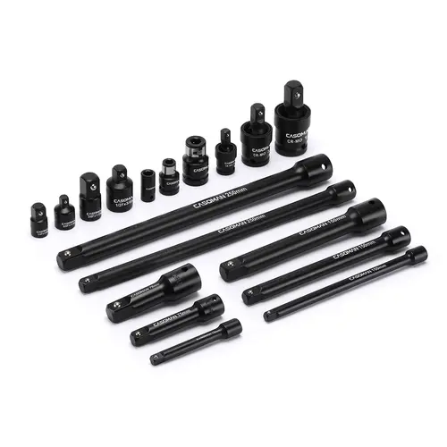 CASOMAN 18-Piece Socket Wrench Set, Premium CR-V Steel Black Phosphate Finish Repair Tool, Mechanic Gear with Adapters, Extensions, Universal Joints, Impact Coupler, Wrench Extension & Impact Socket Tool Kits, Professional Gift