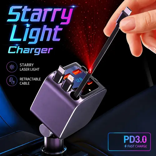 Nuokaiqi [2026 Upgraded] 120W Power High Speed Phone Charger - 7-in-1 Retractable Auto Accessories with Voltage Display, Atmosphere Lamp, Star Projector for iPhone, Android to Eliminate Cable Mess (On-the-Go Use), High Speed Charger, Cars