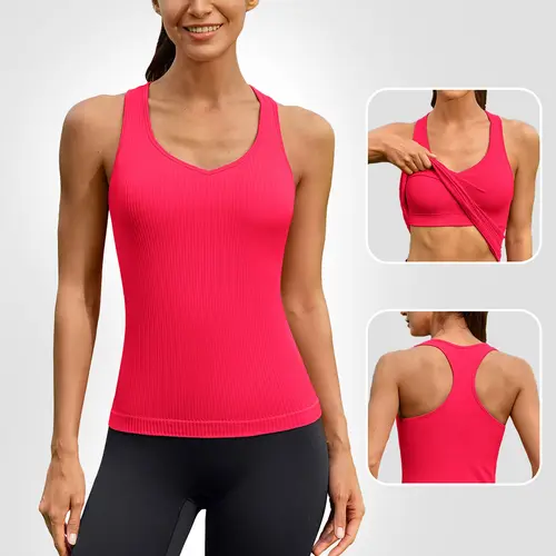 ATTRACO Ribflex Women's Seamless 1-Piece Racerback Tank Top - Built-in Bra, Ribbed Sweetheart Neck, Sleeveless, Slim Fit, Tummy Control, Compression, Modest, Longline Nylon Fabric, Summer Athletic Casual Top Womenswear Gym