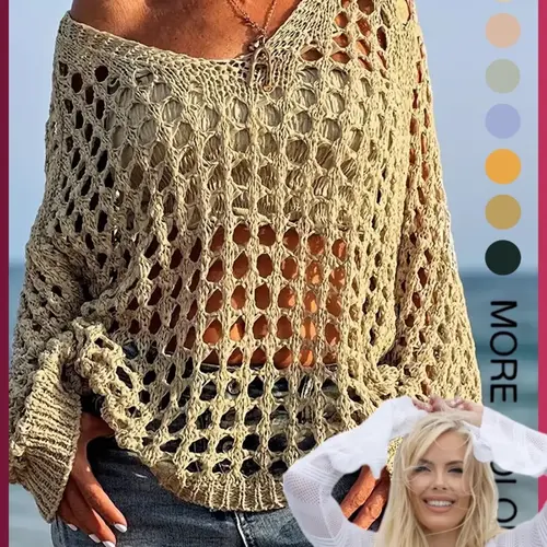 Summer New Long Sleeve Loose-Fit Relaxed Casual Knit Top, Unique Breathable Sun Protection Comfort Lightweight V-Neck Thin Casual Knitwear Womenswear