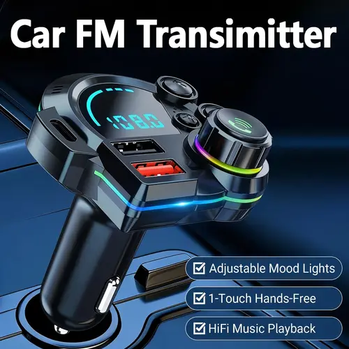 Bluetooth 5.3 Car Radio Adapter (Bluetooth Car Adapter), RGB Colorful Light, PD 30W Type-C Fast Charger, Deep Bass Boost Music Player, Hands-Free Kit, LED Display, Universal Fit, Road Trip Essential, Men’s Gift, Hi-Fi Lossless Playback, Rgb Lights toolupg