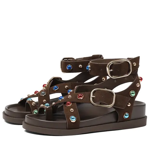 AOSPHIRAYLIAN Women's Jazzy Embellished Gladiator Sandals - Black Suede, Crystal Linear, Beaded-Studded Adjustable Buckle Straps, PU Leather Footwear, Sandals for Women, Walking Shoes for Casual Wear sohochic