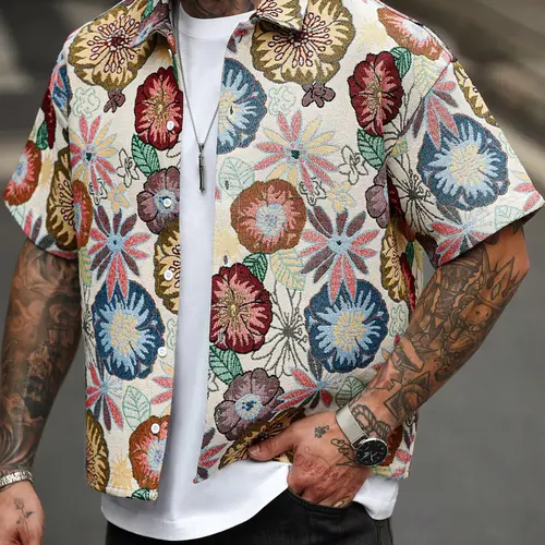 Men's Color-Woven Jacquard Floral Shirt Long Pants Set, Menswear, Spring Summer, Family Gathering and Daily Wear, Casual Fashion