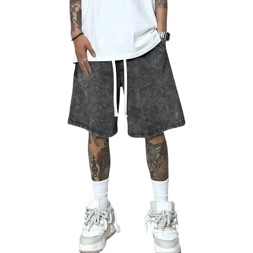 Men's Retro Stylish Knitting Jean Shorts - Lightweight Washed Denim Fabric, Cross Print, Drawstring, Pockets, Men's Clothing for Outdoor Casual Wear, Beach Activities