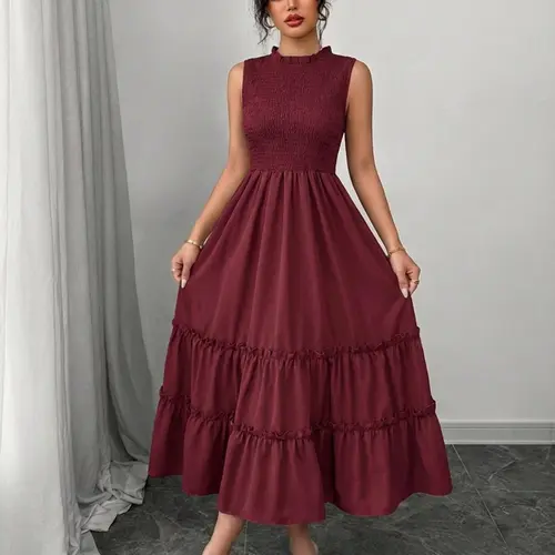 Summer Casual Aesthetic Womenswear Sleeveless Ruched Round Neck Wooden Trim Waist Cinched Pleated Beach Vacation Mid-Length Solid Color Dress Lady Fit Casual Boho Casual Style Chic Sundress