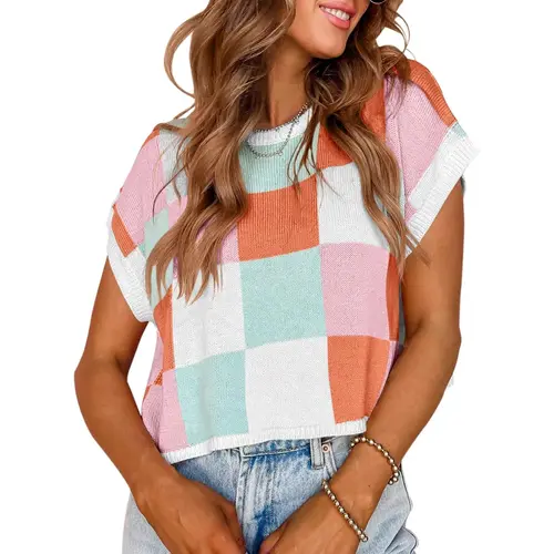 Saodimallsu Women's Fitted Polyester Knitwear Crop Top - Round Neck Shortsleeve Color Block Women's Tops, Trendy Casual Clothes for Summer Going Out, Spring Wear,summerwins summerwins,back to school,back to school shopping