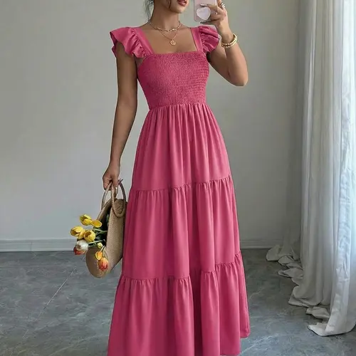 Summer Square Neck Backless Dress, Bohemian Chic Casual Wear, Aesthetic Fashion Soft Butterfly Sleeve Dress for Vacation & Beach, Solid Color Long Dress, Ruffle Hem Design, Ruffle Detail Dress