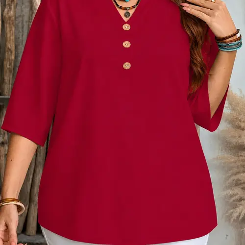 Women's Basic Casual Solid Color V-Neck Button Front Blouse, Simple Chic Bohemian Shirt for Spring, Summer and Fall, Plus Size Fashion Top, Great Valentine's Day Gift