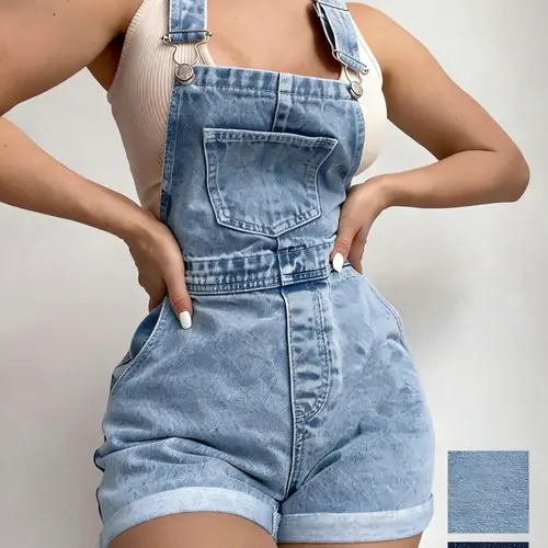 American Vintage Light Wash Light Blue Denim Strap Backless Casual Sleeveless Overalls Shorts, High-Waisted Roll-Up Hem Slimming Casual Style, Loose-Fitting Women's Summer Wear
