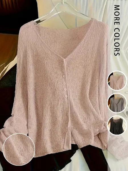 Loose Long Sleeve Sun Protection Knitwear Cardigan, Lightweight Breathable Summer Casual Fitted Top, Layered Look for Lazy Style