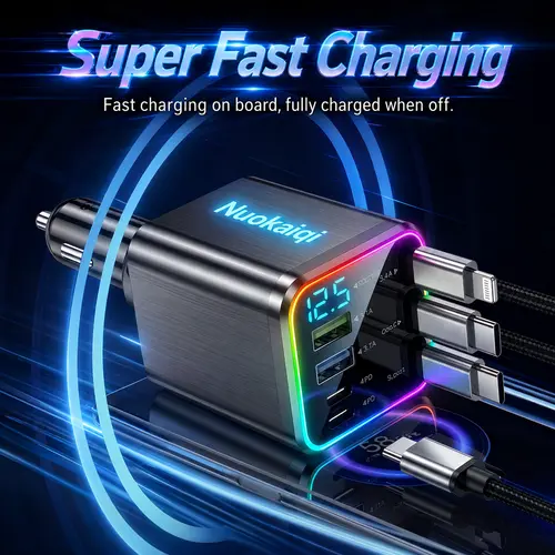 9-in-1 Phone Charger,Retractable Automotive High Speed Charger - QC3.0&PD2.0, 150W Max Plastic Auto Accessory, 4 Retractable Cables, 5 Ports , Smart Chip, LED Voltage Display, Lightning & Universal for iPhone&Android, Road Trip Essential
