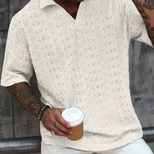 Men's Casual Style Short Polo Shirt, Summer Clothing, Bohemian Textured Jacquard Fabric Collared Shirt, Perfect for Holidays, Beach & Vacations, Breathable Relaxed Fit Top