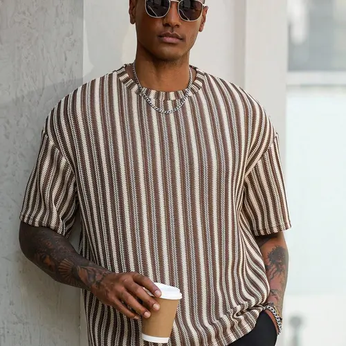 Men's Short Sleeve Casual Loose Striped T-Shirt, Streetwear, Menswear, Knitted Jacquard Stripe Design, Versatile Daily Wear, Suitable for Commuting, Travel, Vacation, Top