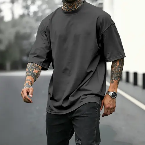 Men's Summer Sportswear Casual Solid Color Trendy Round Neck Short Sleeve Cotton T-Shirt, Loose-Fitting Street Style, Letter Print