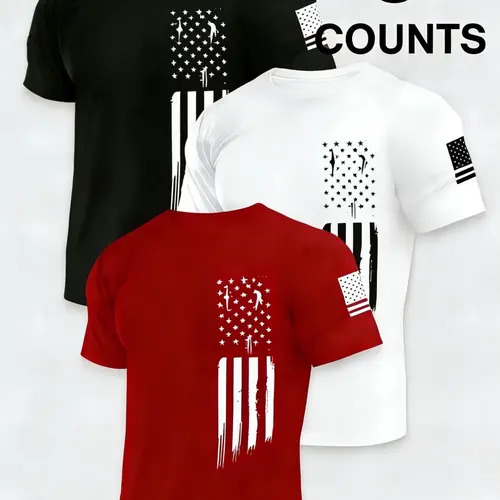 Men's 3-Pack Quick-Dry Short Sleeve T-Shirts, Athletic T-Shirt, Fitness T Shirt, Flag Print Sportswear, Lightweight Breathable Sports Tee for Running, Gym Tops, Training Shirt, Sporty T-Shirt, Athletic Clothing, Breathable Sports Style