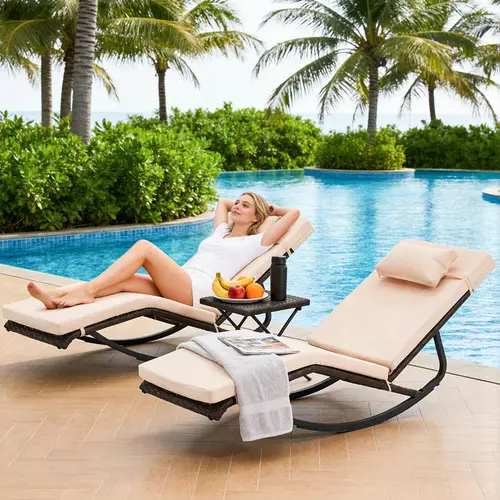ZZWHOM 3pcs/Pack Adjustable Back Armless Patio Rocking Pool Reclining Chaise Lounge Chair Outdoor - Water-Resistant Patio Chaise Lounge, Includes Side Table, Removable Pillow, Foldable, Easy to Move, 400lb Capacity, Anti-Slip Pads, Outdoor Furniture