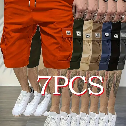 Men’s outdoor cargo shorts, 7-pack, loose fit, sporty style, solid color, non-stretch, polyester fabric, multi-pocket design with drawstring waist, men’s shorts set for value, casual bermuda shorts, beach shorts, suitable for men’s summer leisure sports