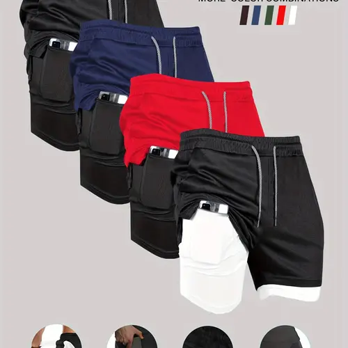 Men’s 2-in-1 double-layer shorts, 4-pack, with built-in pockets; high-stretch athletic shorts suitable for summer gym workouts and training.