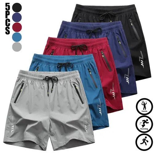 Men's Quick-Dry Athleisure Activewear Shorts Set - Breathable, Loose Above-the-Knee Polyester Shorts with Pocket, Stylish Spring Prints/Solid Black, 1-5 Packs, TikTok Shop Deals, Men's Gift