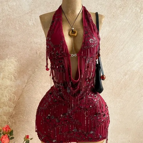Women's 2-Piece Sexy Fitted Sequin Fringe Fashion Apparel Set - Drape Neck Cowl Camisole & Mini Skirt Matching Set for Music Festival, Club Night Out, Matching Sets For Women