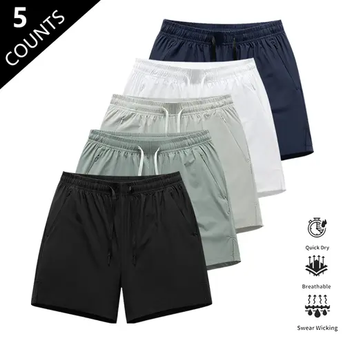 Men's Solid Color Quick-Dry Polyester Blend Fitted Cut Sports Shorts Set (Pack of 5), 14.5in Length, Wrinkle-Resistant Lightweight Ice Feel Fabric, Suitable for Running, Soccer