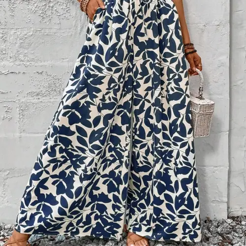Women's Summer Leaf Print Bohemian Flare Leg Pants, Elastic High Waist, Long Regular Fit, Beach Vacation Wear, Woven