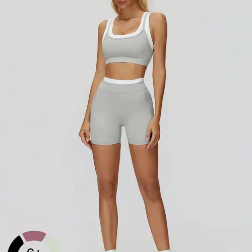 Women's Two-Piece Colorblock Yoga Set, Sports Fitness Outfit, Breathable Sports Bra & High-Waisted Tummy Control Butt-Lifting Ribbed Shorts, Casual Fitness Sportswear, Summer Activewear, Exercise Clothing, Sportswear Clothing