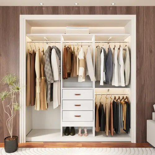 Cyclysio 60in W 3-Compartment Walk-In Wardrobe Storage Unit - Sturdy 5FT Closet Organizer with Drawers, Hanging Rods, 3 Adjustable Shelves & Panels, Furniture for Small Spaces, Home Organization Storage for Small Room Ideas,dorm essentials,home decor