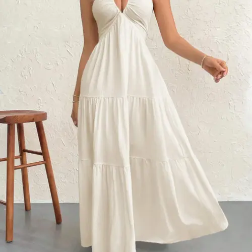 Women's Beach Vacation Date V-Neck Bow Backless Sleeveless Chic Sexy Tiered Dress, Casual Wear, Beach Resort Wear, Long Loose-Fitting Solid Color, Perfect for Summer, Beach Sundresses