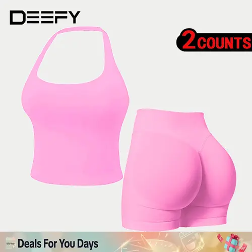 [SIZE UP 1] DEEFY Two-Piece Suit Impact Halter Top & Impact Shorts Fitness Yoga Sports Women Activewear Gym #BackToSchoolOutdoor Tank Tops Hidden Scrunch Butt Lifting Gymwear Shorts Womenswear